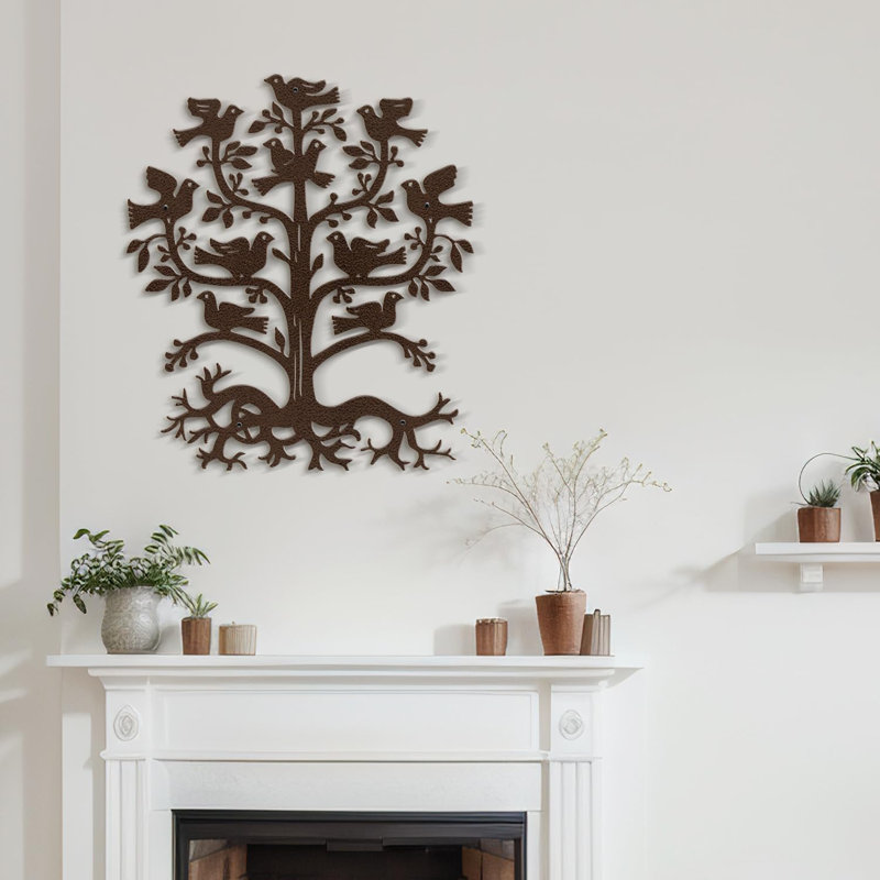 Décoration murale en métal Folksy Tree and Birds, H 30 po x l 25,64 po x P 0,05 po, Brun