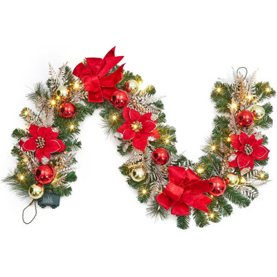 Guirlande de Noël de 6 pi avec 20 lumières DEL, minuterie, boules en or rouge et boucles en velours pour manteau intérieur / extérieur, escaliers, balustrade