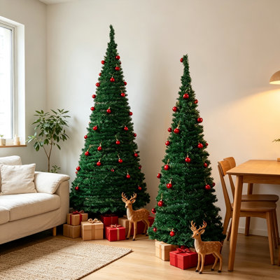 Lot de 2 sapins de Noël artificiels pliables, 1,5 m et 1,8 m, pré-décorés et pliables en PVC avec boules rouges, pour la décoration de la maison, du bureau, d'un magasin ou d'une entrée.