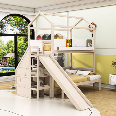 Twin over Twin/Full Bunk Bed with Convertible Lower Bed and Slide