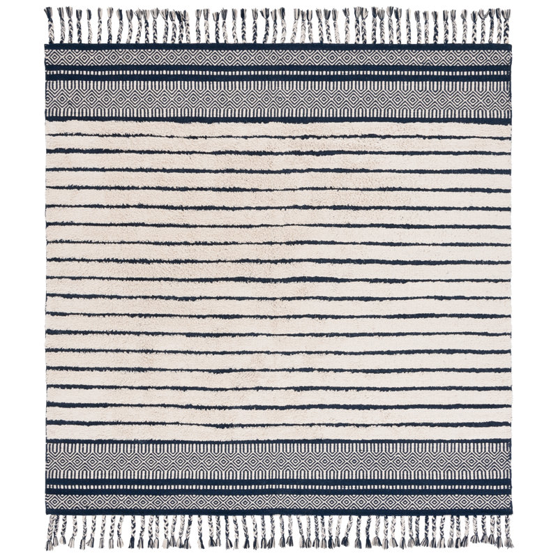 Cochecton Hand Woven Cotton Pile Striped Rug, Square 6'