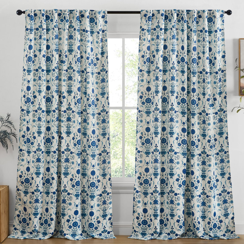 Clara Floral Damask Patterned Window Back Tab Rod Pocket Curtains Bedroom - Light Blocking Darkening Window Panels, Set of 2