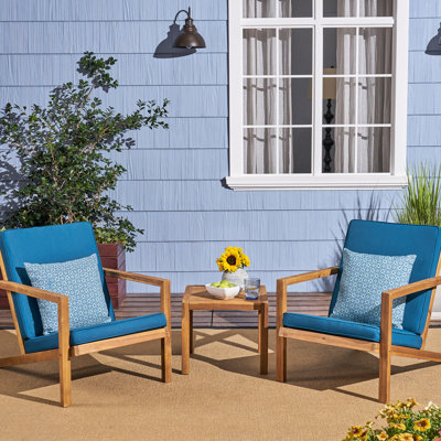 Ensemble de conversation extérieur 3 pièces avec coussins confortables, structure en bois brun, profondeur 65 cm, largeur 87 cm, hauteur 76 cm, poids 24,8 kg, finition du cadre : composite, 64 cm x 75 cm
