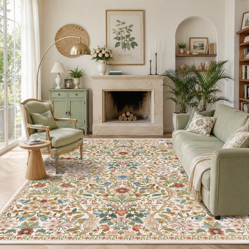 Washable Area Rug - Vintage Boho Botanical Low-Pile Rug, Rectangle 5' x 7', Beige/Ginger