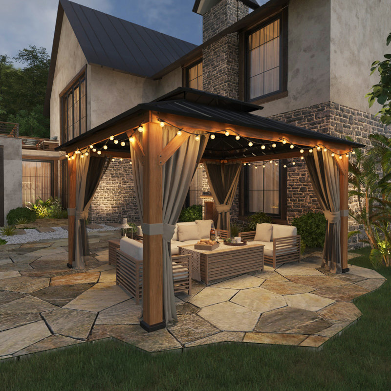 Permanent Wood Gazebo 13 Ft. W x 11 Ft. D Solid Wooden Patio Gazebo with Double Roof, Netting and Curtains