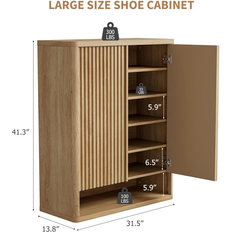 Fluted Door Shoe Cabinet, Wooden Storage Organizer with Adjustable Shelves, Natrual
