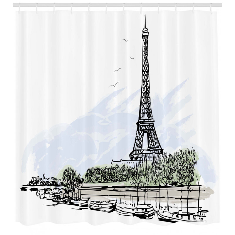 Brinley Paris Architecture Theme Illustration of Eiffel Tower Birds and Trees Pattern Single Shower Curtain, 75" H x 69" W