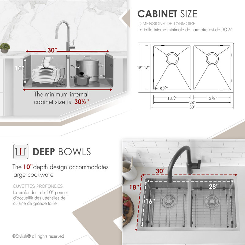 Onyx Styluxe Double Bowl Stainless Steel Kitchen Sink with Grids and Strainers