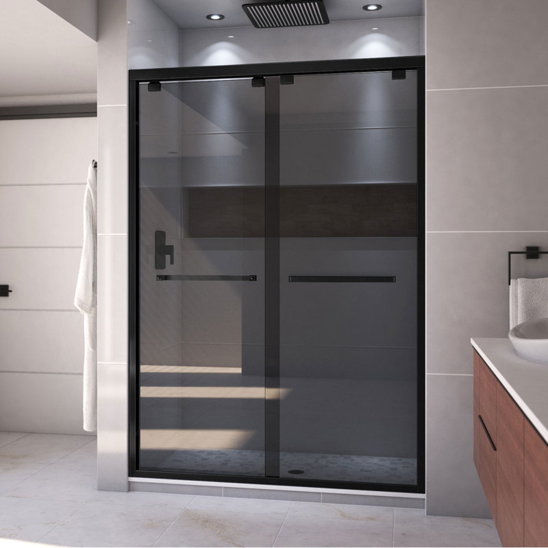 Encore 50" W x 76" H Bypass Frameless Shower Door with ClearMax™ Technology, Matte Black, Smoke Gray