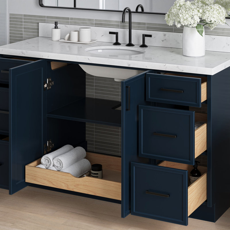 ARIEL Kelly 60 Single Sink Bathroom Vanity with Carrara Quartz Top, Midnight Blue
