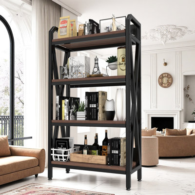 54.9'' Metal And Wood Four - Level Storage Rack For Bedroom, Kitchen, , Featuring Open Back Shelves, Build, Stylish Appearance 4 Bakers In Black Brown Bathroom, Pantry, Closet, With Reinforced