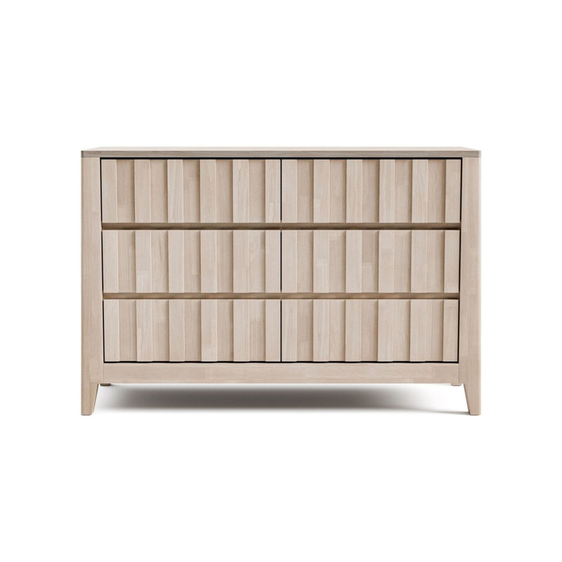 Commode large Vasu, 6 tiroirs de rangement, bois d'hévéa massif blanc délavé