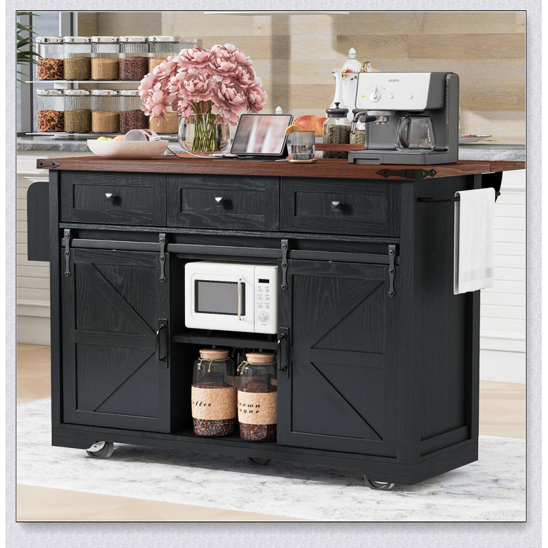 53.7 Inch Farmhouse Kitchen Island with Power Outlet, Sliding Barn Doors, and Drop Leaf for Versatile Storage and Convenience