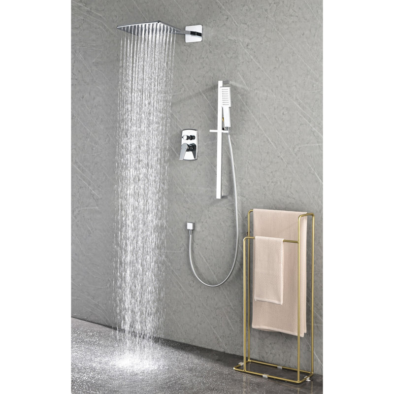 Brass Shower System In - Head, Hand Shower, Slide Bar, Arm, Hose, Valve Trim Installation Kit Style And Lever Handles