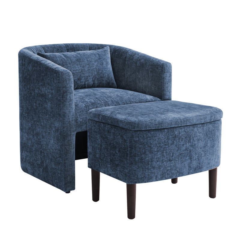 Elha 29.7" W Chenille Barrel Chair with Storage Ottoman, Blue