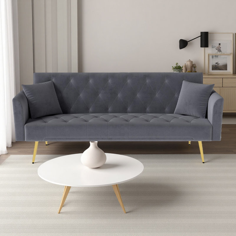 Modern Convertible 72.87 Inch Foldable Sleeper Sofa With Tufted, American Retro Style, Made Of Velvet Material, Gray