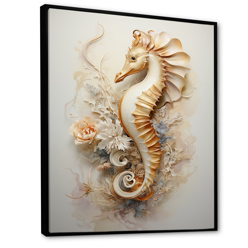 Hippocampe magique beige sur toile, H 32 po x l 16 po x P 1 po, Cadre flottant noir