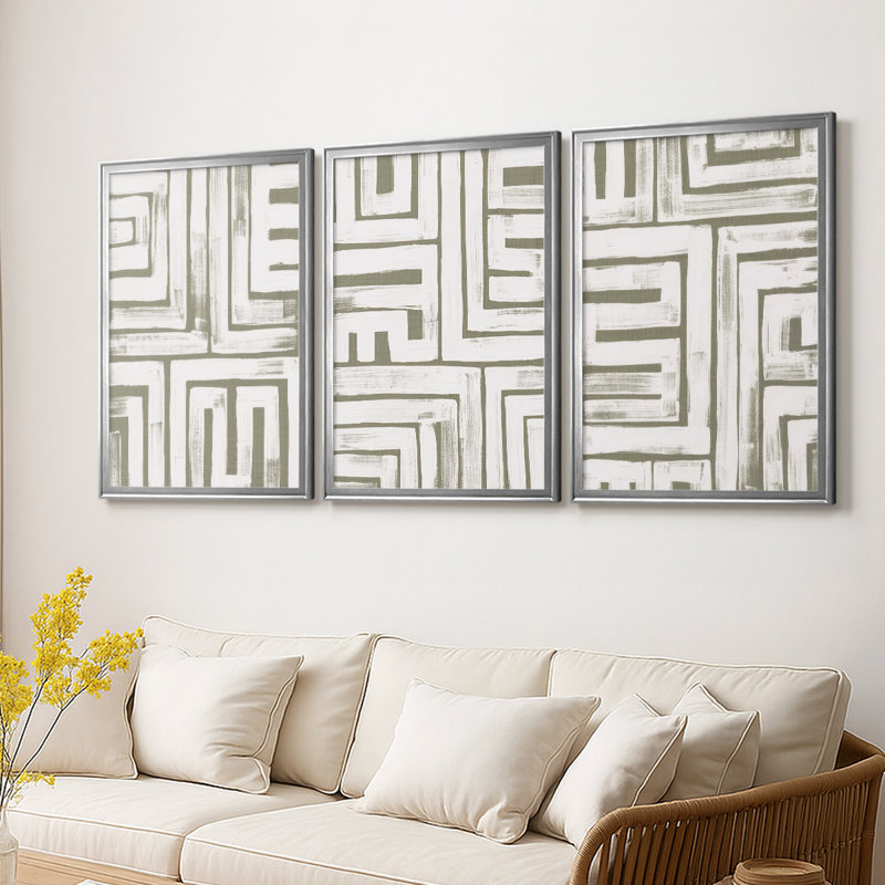 Maze Interlock I - Toile tendue avec châssis encadré - 3 pièces, H 15 po x l 19 po, Argent argent
