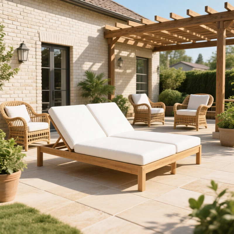 Chaise longue pour 2 personnes en bois massif avec dossier réglable à 5 positions, Teck
