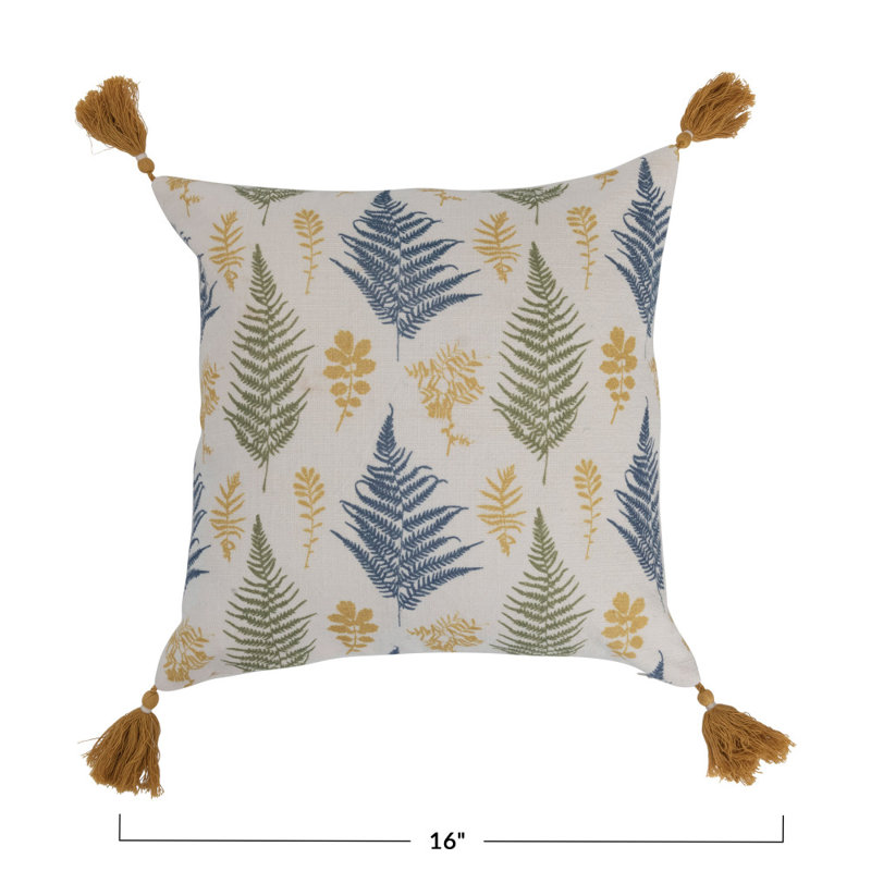 Botanical Print Cotton Square Pillow with Tassels