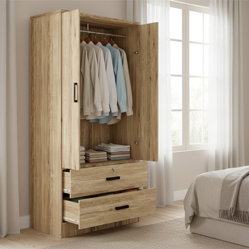 Garde-robe 2 portes, 2 tiroirs Kohdyn, P 20 po, Chêne naturel