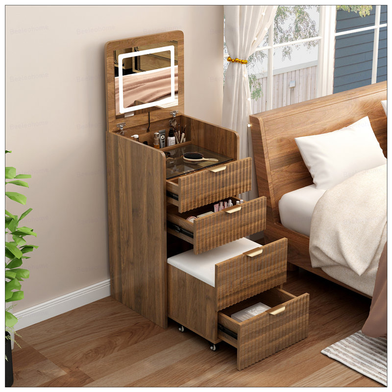 Meuble-lavabo 3 en 1 avec 3 tiroirs et tabouret à roulettes, meuble-lavabo compact avec miroir et lumières