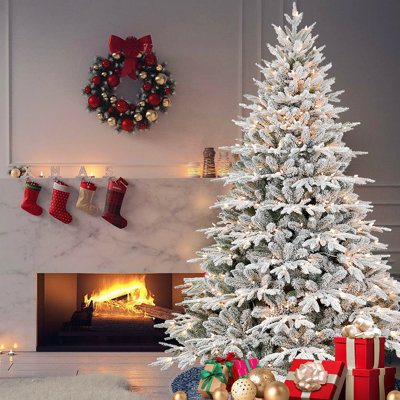 7.5Ft Pre-Lit Flocked Artificial Christmas Tree With 650 Warm White Incandescent Lights, 3135 Tips, Snowy PE+PVC Hinged Pine With Partial Memory Wire Branches, Foldable Metal Stand For Holiday Dec