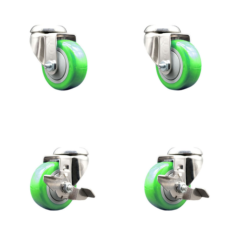 Ensemble de roulettes pivotantes en polyuréthane de 3 pouces avec boulons et roues pivotantes 2 pouces SCC, Vert