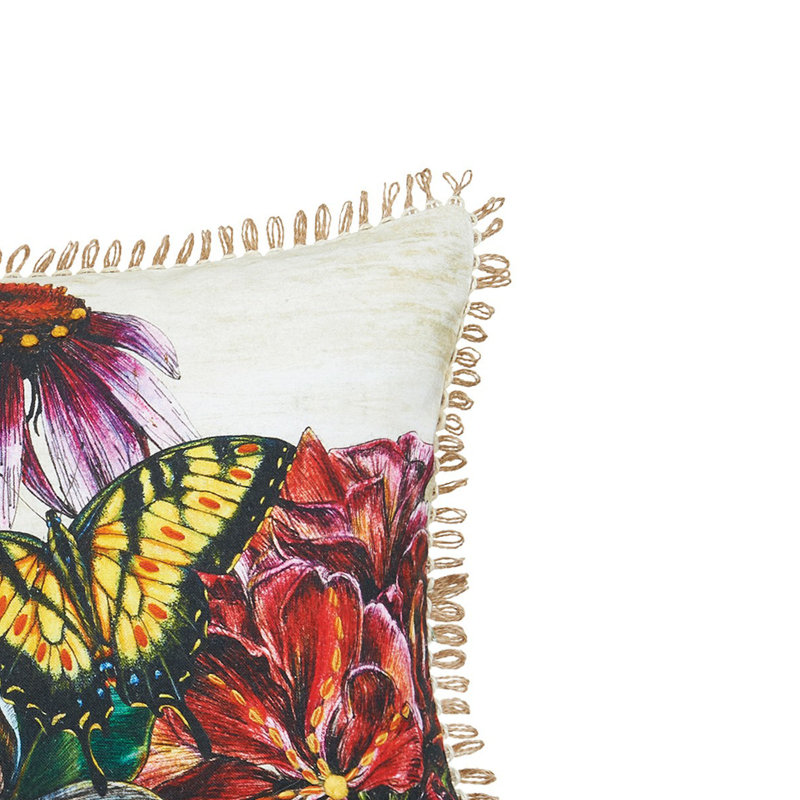 Botanical Floral Cotton Rectangular Throw Pillow with Twine Border
