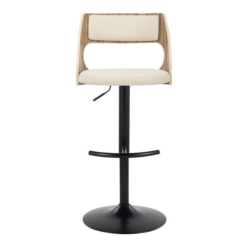 Adjustable Black Metal and Zebra Wood Barstools with Cream Faux Leather