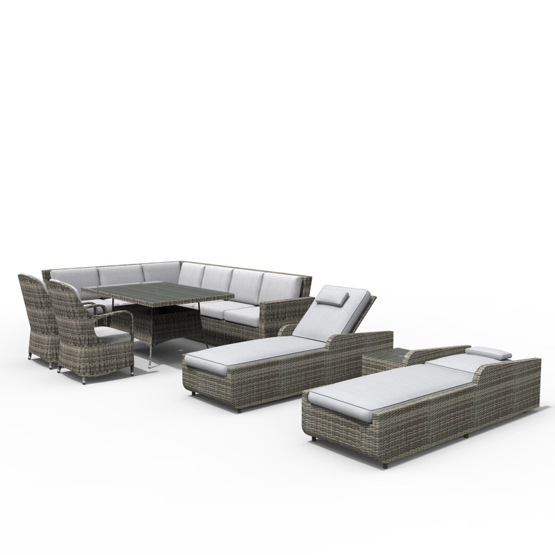 Ensemble de conversation modulaire en rotin 10 pièces avec coussins, gris, gris