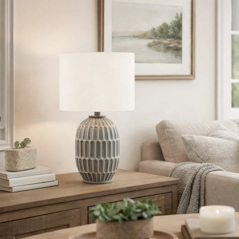 Ucio Table Lamp, 22 Inch, Geometric Gray Ceramic Body, Ivory Shade, Gray/White