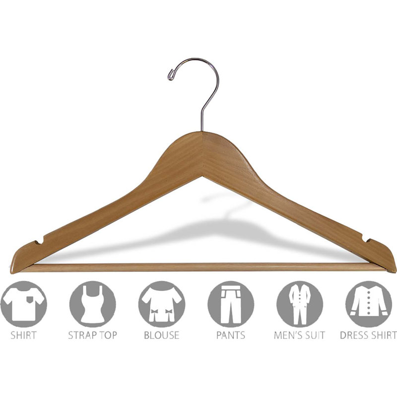Cintre en bois 15 1/2 "avec barre à pantalons, 50, Naturel