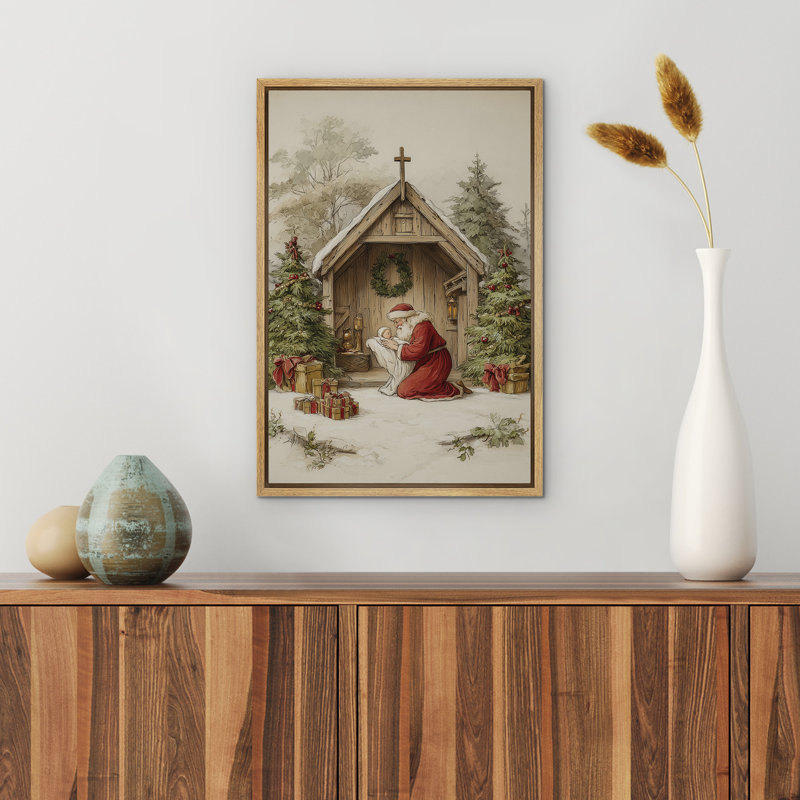 Crèche de Noël rustique Père Noël agenouillé avec bébé Jésus, chapelle de Noël, reproduction d'art sur toile encadrée
