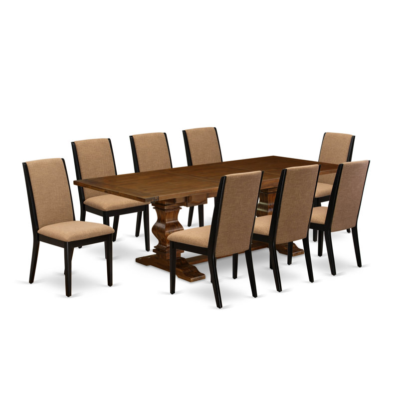 L'ensemble de table de salle à manger 9 pièces comprend une table de cuisine rectangulaire amovible et 8 chaises rembourrées en tissu de lin sable clair, noyer antique