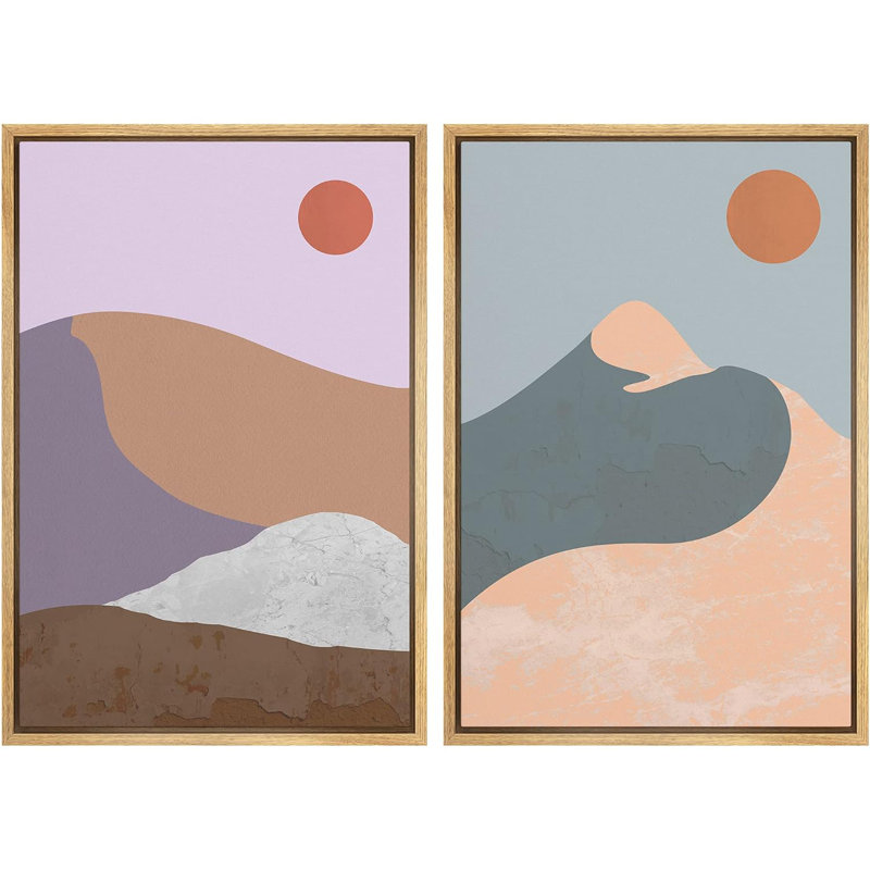 Soleil et lune au-dessus du désert, dunes de sable, nature, minimaliste, Mid-Century, Naturel, H 24 po x l 32 po