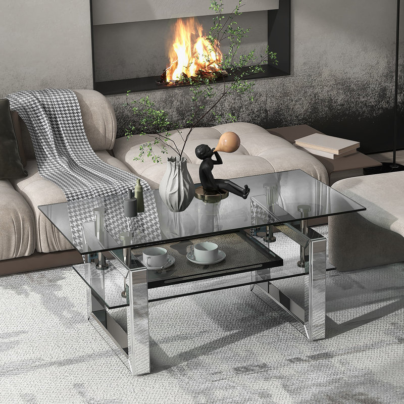 Table basse rectangulaire avec plateau en verre et tablette
