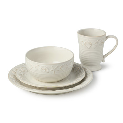 Coastline Cream 16-Piece Stoneware Dinnerware Set, Service for 4 with embossed coastal shells and starfish detailing, durable beach house tableware for relaxed coastal living and everyday dining