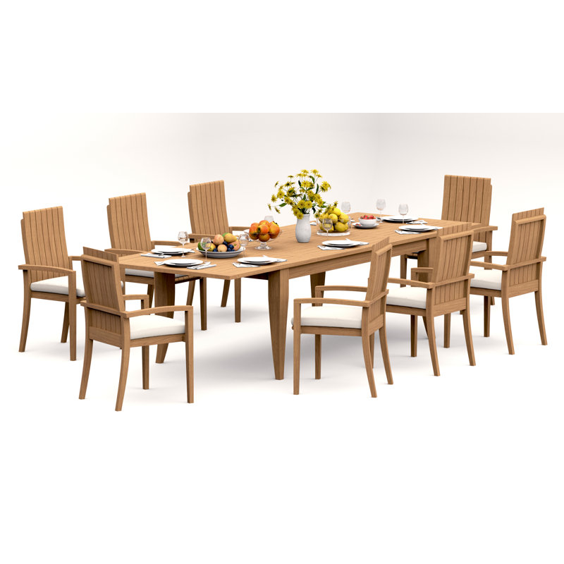9 Pcs Grade-A Teak Wood Dining Set: 122" Atnas Double Extension Rectangle Table And 8 Goa Stackng Arm Chairs #11GO2808, 8