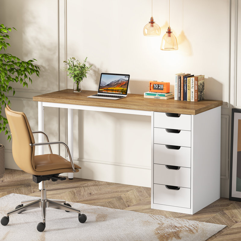 47 inches Vanity Desk with 5 Drawers, Walnut/White