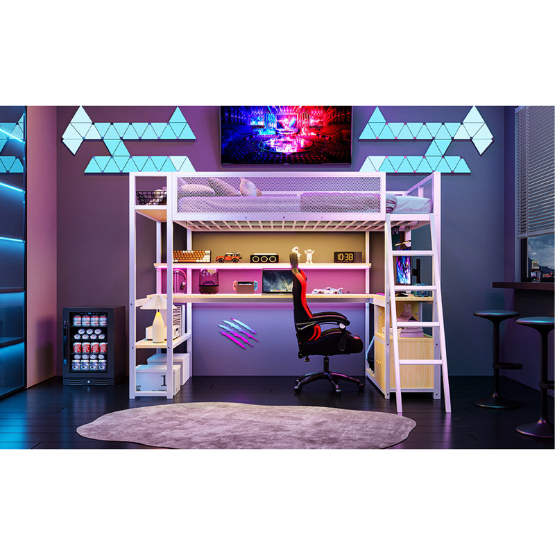 Lit mezzanine simple avec espace de travail, grand espace de rangement à DEL, bureau en métal blanc et peu encombrant, option de rangement abondant