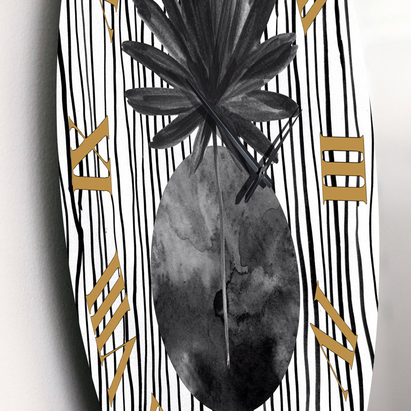 Horloge murale moderne à motif de feuilles tropicales noires et blanches I, Moyen