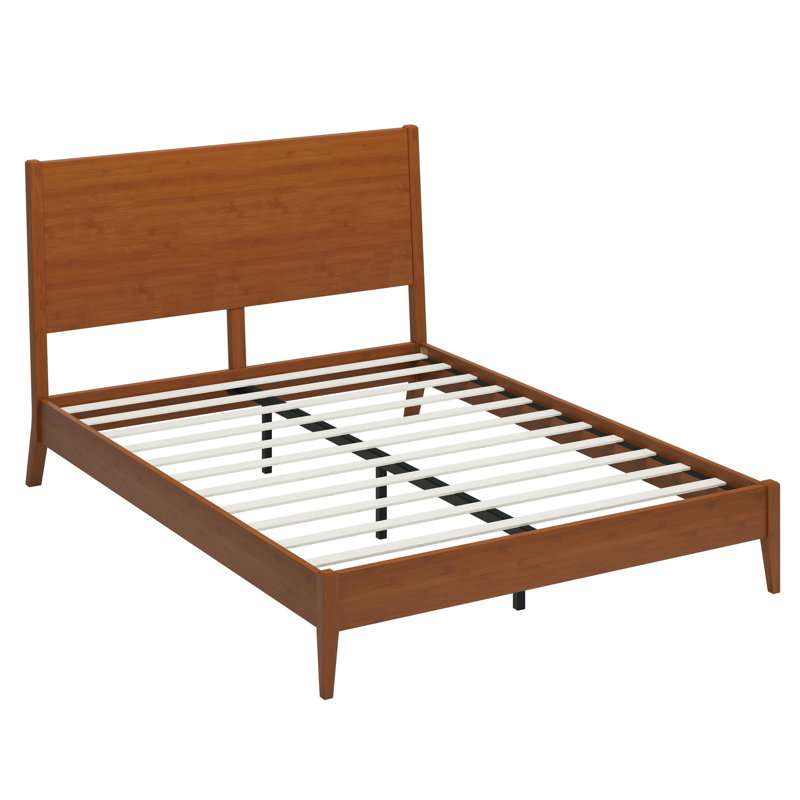 Structure de lit plateforme en bois de bambou massif de style Mid-Century avec lattes de bois et support en métal, aucun sommier nécessaire, assemblage facile, noyer