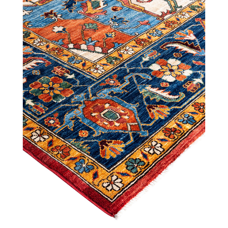 Hand-Knotted Red Wool Geometric Rectangular Area Rug, 9' 1" x 11' 8"
