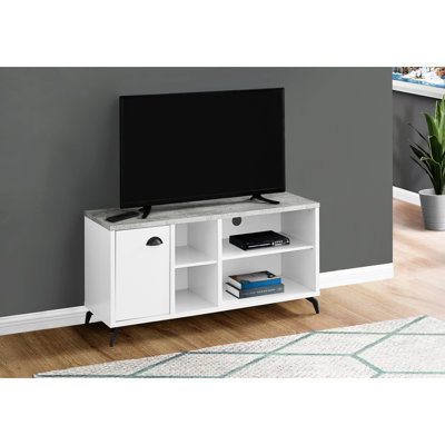 Meuble télé 48 po de style industriel, armoire en stratifié gris blanc avec rangement, métal noir pour le salon et la chambre à coucher, meuble moderne de 48 po et armoire de style industriel