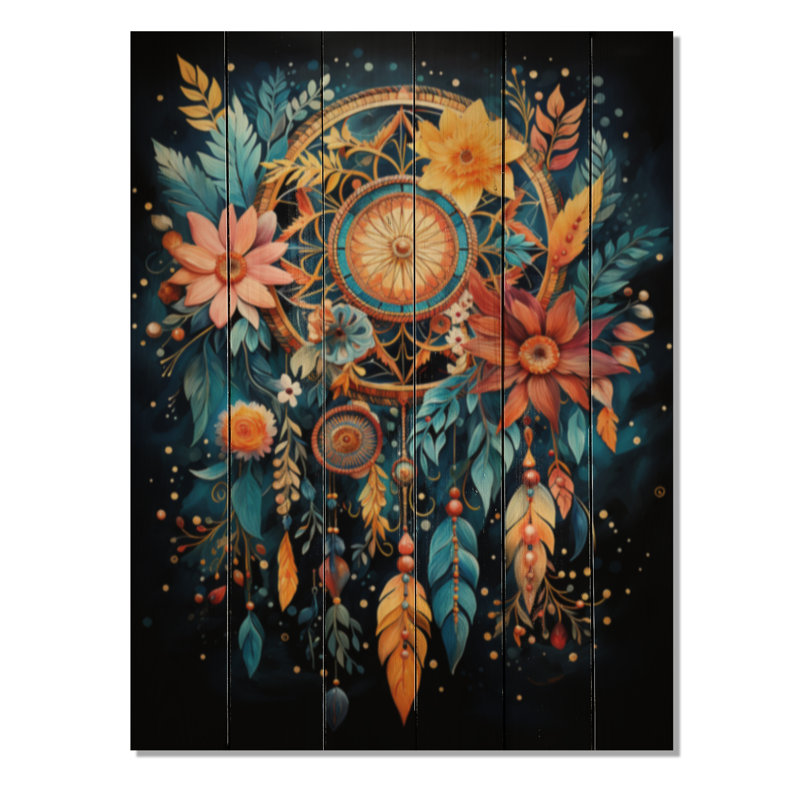 «Gold Dream Catcher Folklore Whispers I», impression de capteur de rêves sur bois de pin naturel