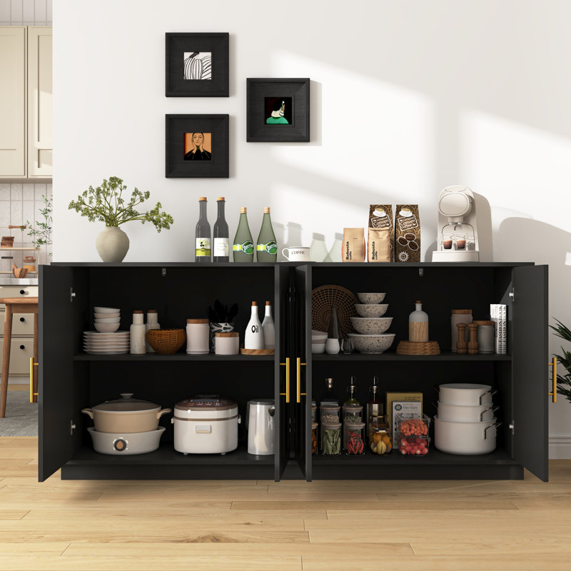 Buffet 66,5 "en bois avec 4 portes arquées, armoire de rangement moderne, Noir