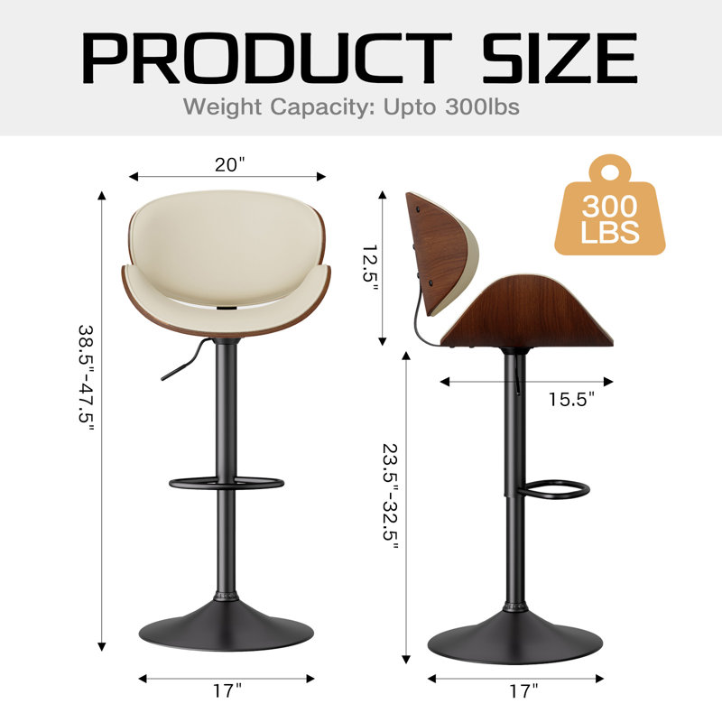 Jaquela Bentwood Swivel Adjustable Height Bar Stool, 2, Beige