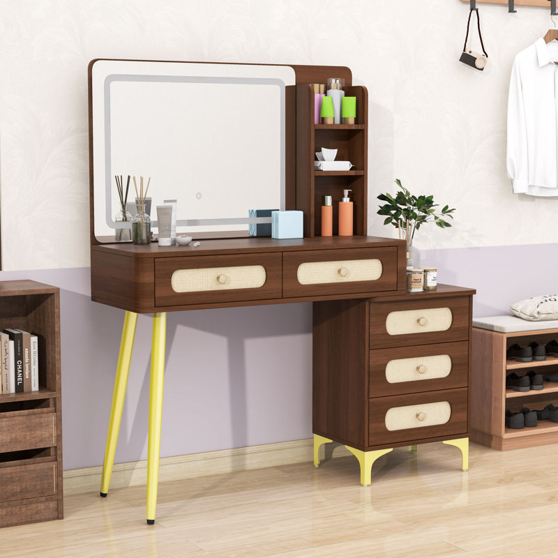 Bureau de maquillage avec miroir et lumières, 5 tiroirs et tablettes de rangement, Brun