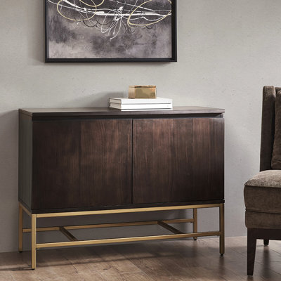 Élégante commode décorative - Base en bois massif et en métal doré, porte magnétique pour rangement élégant en bois, 2 tablettes, fermeture